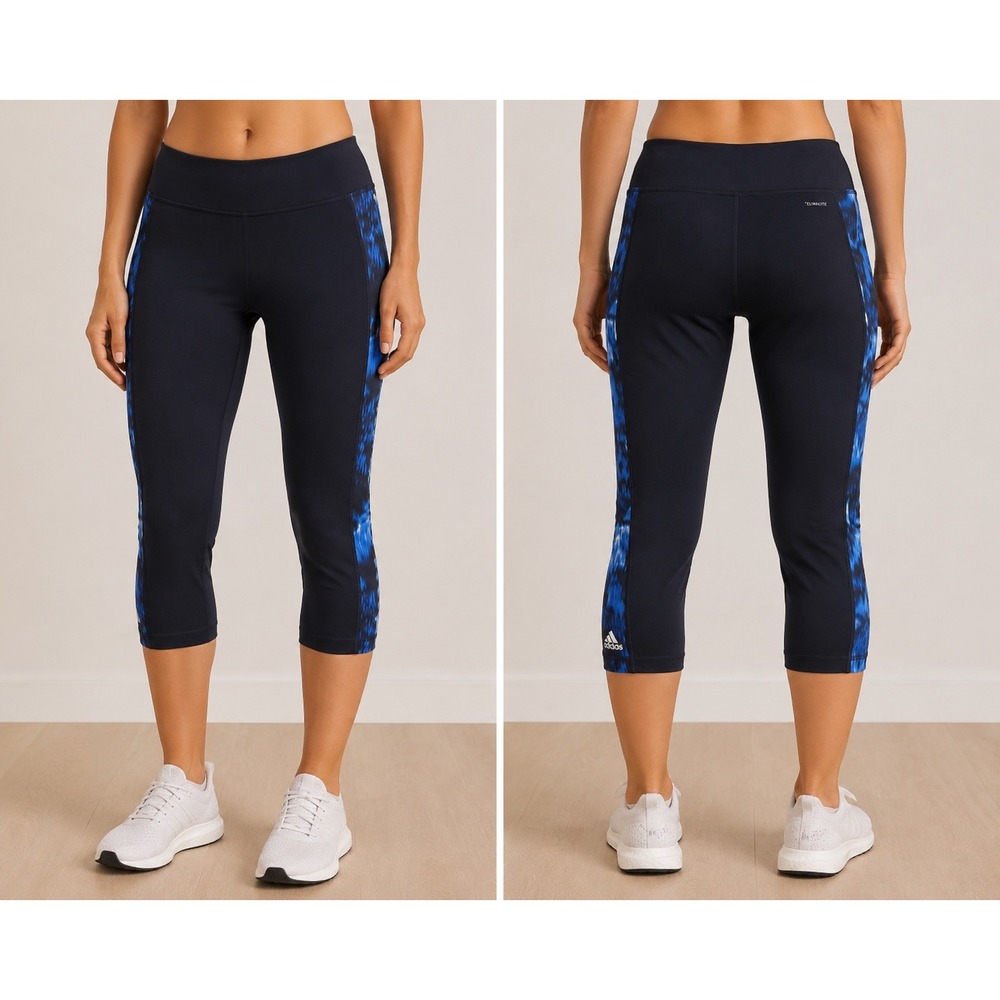 Adidas Climalite Capri Leggings Black Blue Patterned Capri Yoga Womens M